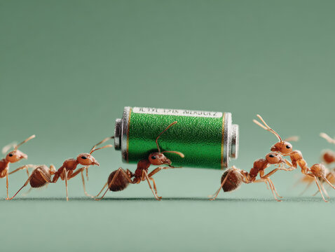 Ant inspired ants work together carrying green battery symbolizing sustainable business and ecosystem cooperation in natural teamwork concept.