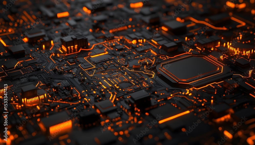 Poster close-up view of a circuit board with glowing orange lines.
