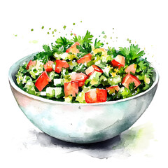 A watercolor painting of a bowl of Tabbouleh salad with fresh parsley and tomatoes.