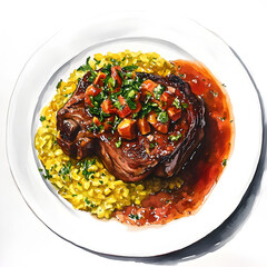 A watercolor painting of a plate of Osso Buco served with what appears to be risotto or polenta, topped with a red sauce and herbs.
