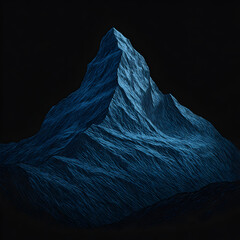 A digitally rendered image of a jagged mountain peak in blue light against a dark background.