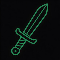 A neon green outline drawing of a stylish sword on a black background