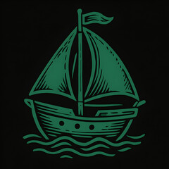 A green, bold-lined cartoon illustration of a sailboat on waves.