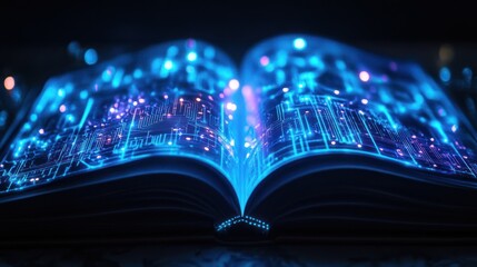 Illuminated Book Revealing Digital Circuits and Innovation in Blue Tones