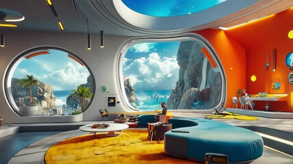 Futuristic living room interior with ocean view, coastal landscape, and modern design. Travel and technology concept. - Powered by Adobe