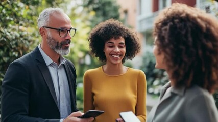 Team Discussions: A candid outdoor shot captures a candid discussion among business partners. The photo focuses on the team interaction, with an emphasis on communication, planning.