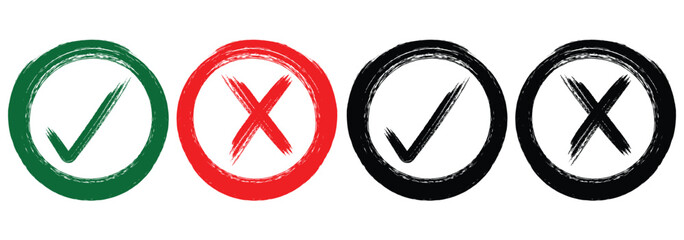 Hand drawn check tick mark icon set. x marks, checkboxes, and checklist symbols including right and wrong signs in brush marker style. © Hike Studio 444