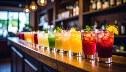 Colorful drinks lined up on a bar