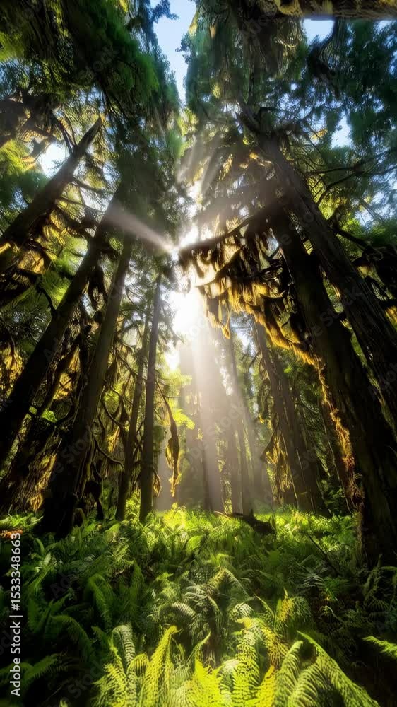 Poster sunlight streams through towering evergreen trees in a lush forest, illuminating vibrant green ferns