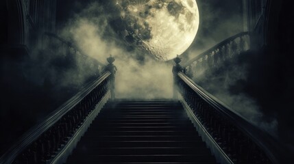 Fototapeta premium Dark, winding stairs ascend to a large, bright moon.