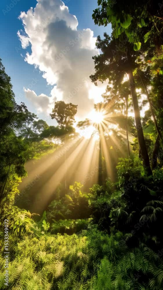 Poster sun rays filtering through the trees in a lush green forest creating a magical atmosphere and highli