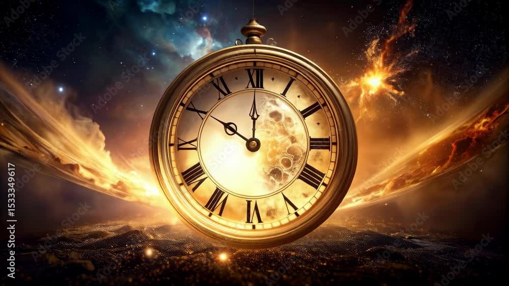 Poster abstract clock in space with celestial background, represents cosmic time and timelessness, explorat