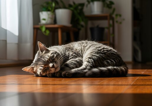 Serene tabby cat peacefully sleeping on warm hardwood floor sunlit room