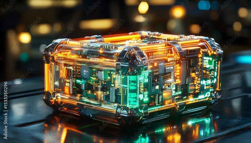 Poster intricate, glowing circuit box with illuminated internal components.