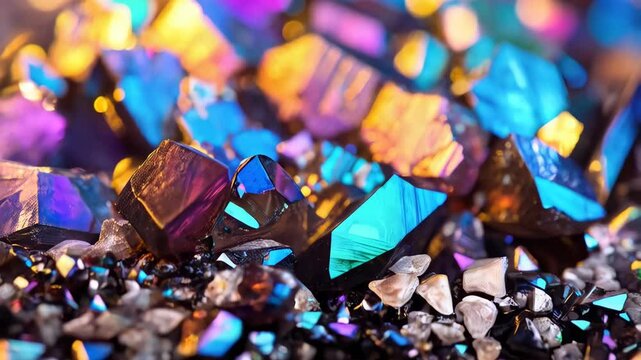 Close-up of vividly colored iridescent pyrite crystals, revealing intricate metallic luster and cubic formations in mineralogical detail.