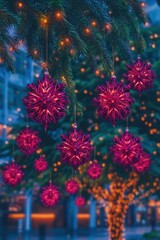 Festive Christmas ornaments hanging from trees