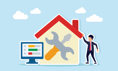 Businessman near a house marked with a wrench and screwdriver with a monitor displaying a progress bar list representing monitoring progress of business system repair illustration