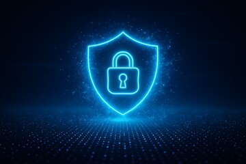 Glowing blue shield and padlock on a digital grid