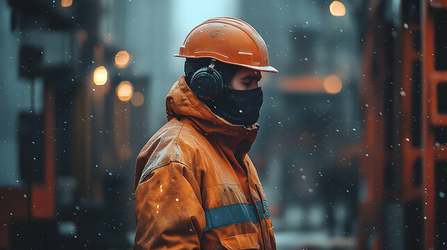 Worker in protective gear stands outdoors possibly at a construction site or industrial area. - Powered by Adobe