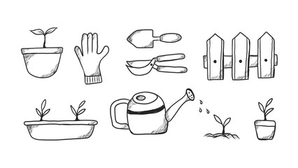 Obraz premium Hand-Drawn Doodle Collection of Gardening Essentials and Plant Illustration
