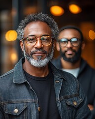 Portrait of Two Men, One with Graying Hair and Glasses, Wearing a Denim Jacket