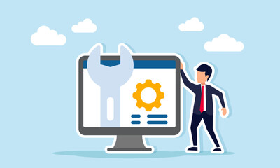 Businessman near a monitor displaying a mechanical key and system gear representing maintenance of a business application system illustration