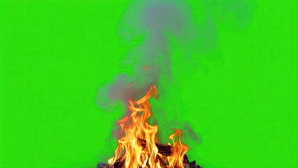 Fiery Display with Smoke on Green Screen: An enchanting, dynamic shot that presents flames and smoke with vibrant textures, set against a striking green screen backdrop.