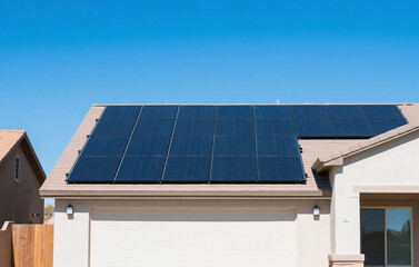 Modern Home with Solar Panels in Yuma Arizona Clean Renewable Energy Installation Under Clear Blue Sky