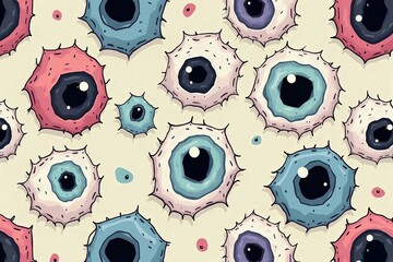 pastel weird pattern with hand drawn eyes. Spooky halloween background with different eerie eyes and eyeballs
