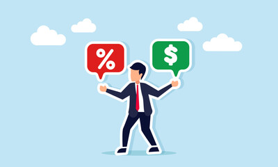 Businessman holding a percent chat bubble in one hand and a dollar chat bubble in the other illustration of sharing about discount marketing strategy