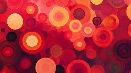 Vibrant abstract artwork featuring layered concentric circles in red and orange hues.