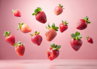 Vibrant strawberries suspended in mid-air against a pastel pink backdrop