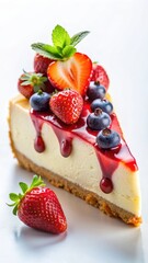 Moist cheesecake slice with vibrant strawberries and berry sauce