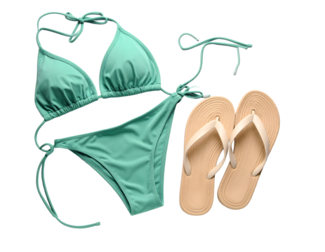 Turquoise bikini with flip flops flatlay