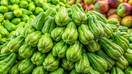 Fresh chayote squash piled high in a vibrant market display