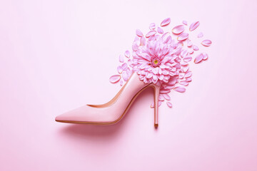 Single pink high heel shoe with large pink flower and scattered petals on soft pink background, creating delicate and elegant feminine composition
