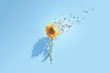 Single sunflower with yellow petals on stem appears to transform into flying birds against clear blue sky, creating peaceful and imaginative scene