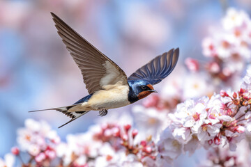Swallow bird with blue and orange feathers gracefully flies near blooming white and pink cherry blossom flowers in spring, capturing lively and fresh moment in nature