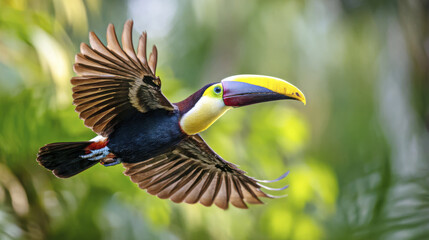 Colorful toucan with large yellow beak flies gracefully through lush green jungle, its wings fully spread in midflight, showcasing vibrant feathers and natural beauty