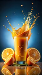 Fresh orange juice splash with swirling citrus liquid creating vibrant and refreshing beverage visual in high definition