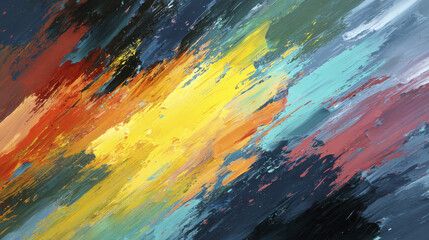 Abstract expressionist painting with bold strokes of yellow, blue, red, and black colors creating emotive and dynamic gradient effect with textured brushwork