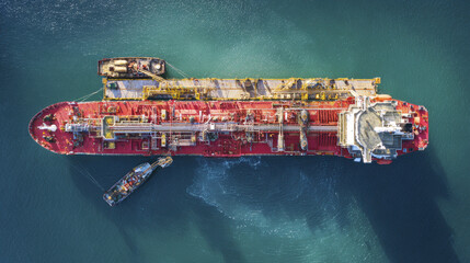 Aerial view of large red liquefied gas tanker ship transferring cargo to smaller vessel on calm blue water, showing industrial pipes and equipment on deck
