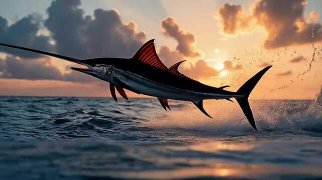 A marlin leaps from the ocean at sunset with clouds in the background creating a beautiful scene video