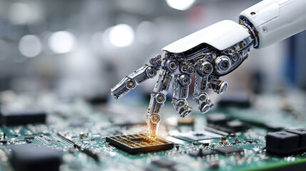 Robotic hand with intricate mechanical joints is touching glowing microchip on circuit board, symbolizing advanced technology and futuristic innovation in electronics