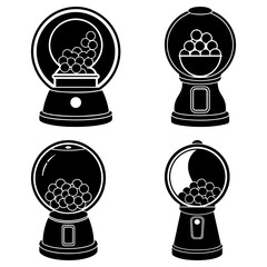 Collection of four black and white gumball machines in varying states of fullness and design style
