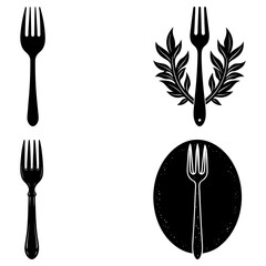 Four black and white fork illustrations with different design elements and backgrounds shown clearly here