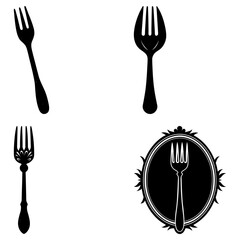 A collection of four black and white fork illustrations with varying styles and orientations shown clearly