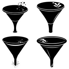 Four black and white illustrations of funnels with liquid and bubbles in different configurations