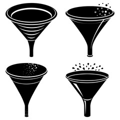 Illustration of four black funnels in different styles and with different filtering effects shown