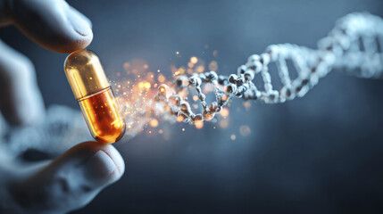 Personalized medicine concept with hand holding glowing capsule and DNA strand in background, symbolizing advanced drug design from genetic information